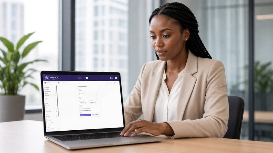 Une commerciale consulte une fiche compte NexiaCX sur son ordinateur portable, au bureau